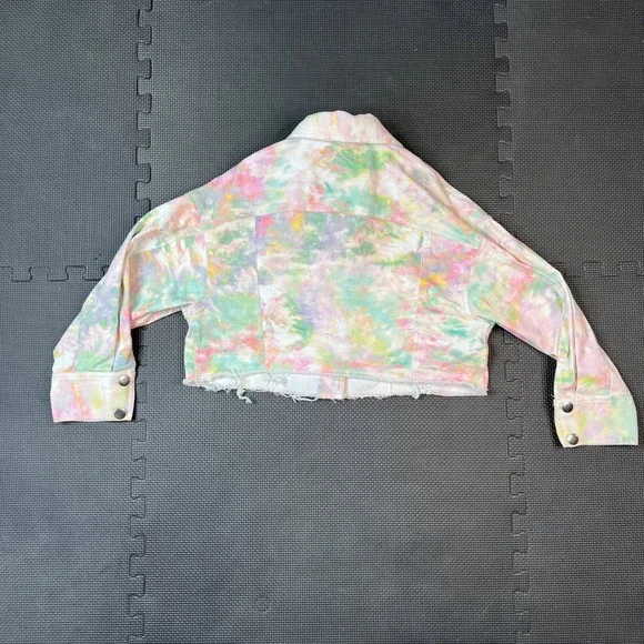 For Love &‎ Lemons Tie Dye Cropped Denim Jacket Frayed Hem Pastel Med Boho - Picture 10 of 10